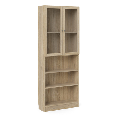Skye Tall Wide Display Cabinet in Oak (4 Shelves) with 2 Glass Oak Doors