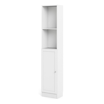 Skye Tall Narrow Combination Storage Bookcase in White (4 Shelves) with Glass White Door