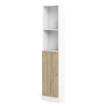 Skye Tall Narrow Combination Storage Bookcase in White (4 Shelves) with Glass Oak Door