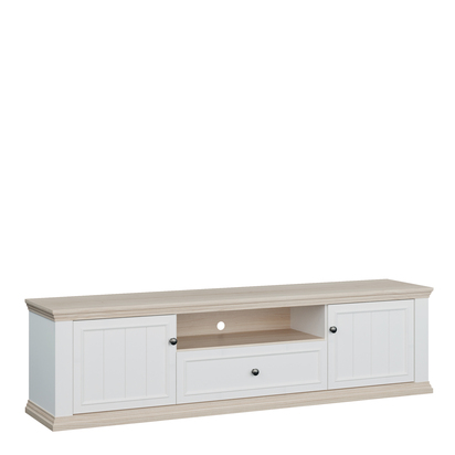 Oakley Wide TV Unit with 2 Doors, Drawer & Open Shelf in White and Riva Oak