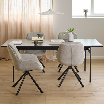 Sutton 4 Dining Table in Black 200x90cm includes 4 Carrie Swivel Dining Chairs in Sand