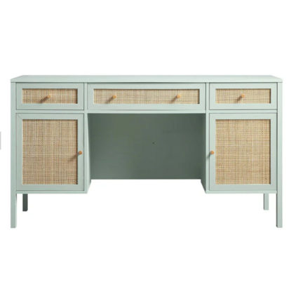 Frances Woven Rattan 3-Drawer Desk, Mint