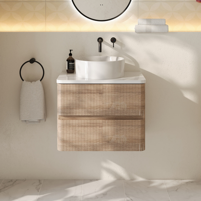 Drench Origin 600mm Fluted Wall Mounted Light Oak Vanity Unit with White Countertop & Sophia Round Basin