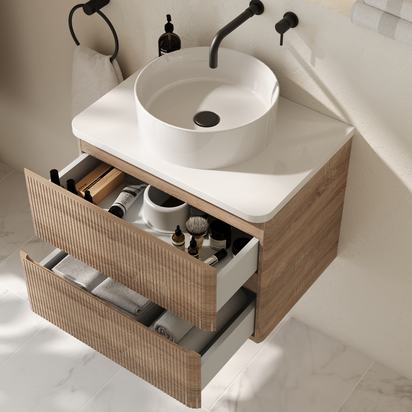 Drench Origin 600mm Fluted Wall Mounted Light Oak Vanity Unit with White Countertop & Sophia Round Basin