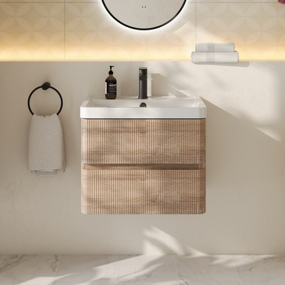 Drench Origin 600mm Fluted Wall Mounted Light Oak Vanity Unit & Basin