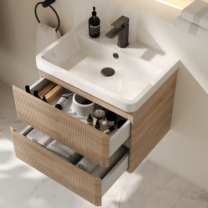 Drench Origin 600mm Fluted Wall Mounted Light Oak Vanity Unit & Basin