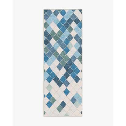 Diamond Mosaic Blue Flatwoven Rug - 75 x 215 cm - Rug + Cushioned Pad System