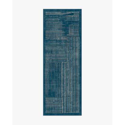 Linear Oasis Blue Flatwoven Rug - 75 x 215 cm - Rug + Pad System