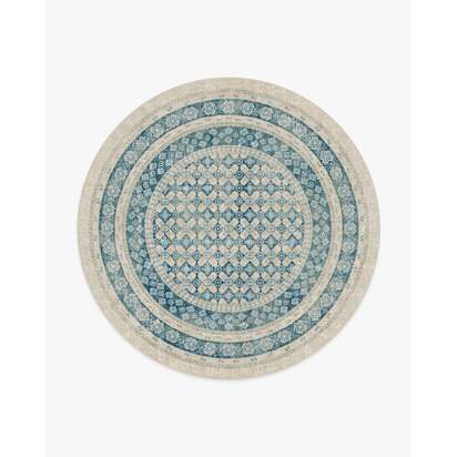 Cyrus Neutral and Blue Flatwoven Rug - 245 Round cm - Rug + Cushioned Pad System