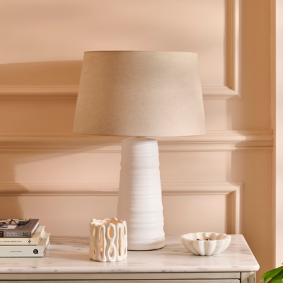 Burleigh 43cm White Ceramic Table Lamp Base & Coningsby Taupe Cotton Lampshade - 35cm