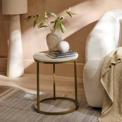 Nara White Marble Round Side Table - Gold Frame