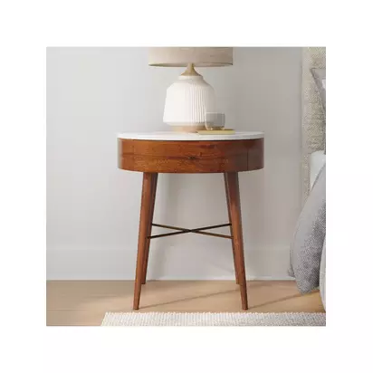 West Elm Penelope Marble Top 1 Drawer Bedside Table, Acorn Acorn | H60 x W46 x D46cm