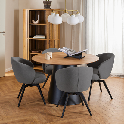 Soli Round Dining Table in Oak/Black 120cm includes 4 Darlene Dining Chairs with Armrest and Swivel Function in Grey