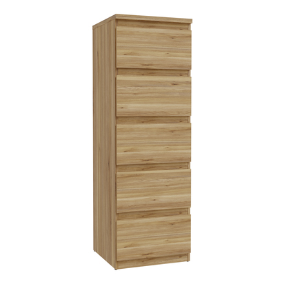 Hollis 5 Drawer Tall Narrow Chest in Mauvella Oak