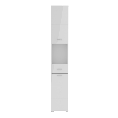 Barton 2 Narrow Bathroom Storage Cabinet with 2 Doors & 1 Drawer with Silver Handles in White with White High Gloss Fronts