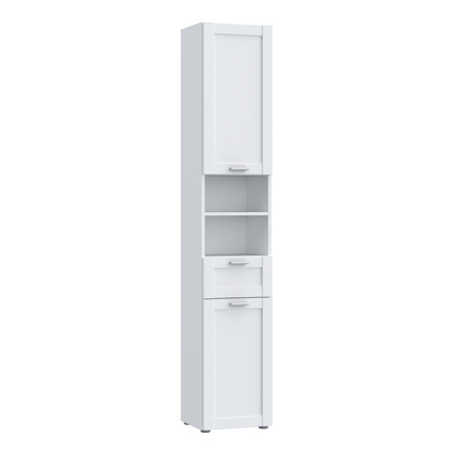 Nola 2 Tall Narrow Bathroom Cabinet with 2 Doors & 1 Drawer with Silver Handles in White
