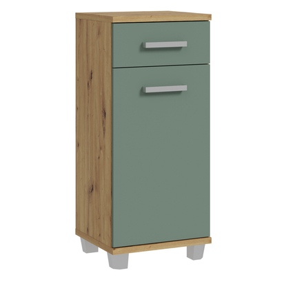Juno Bathroom Cupboard with 1 Door & 1 Drawer in Artisan Oak and Sage Green