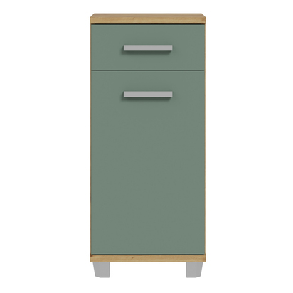 Juno Bathroom Cupboard with 1 Door & 1 Drawer in Artisan Oak and Sage Green