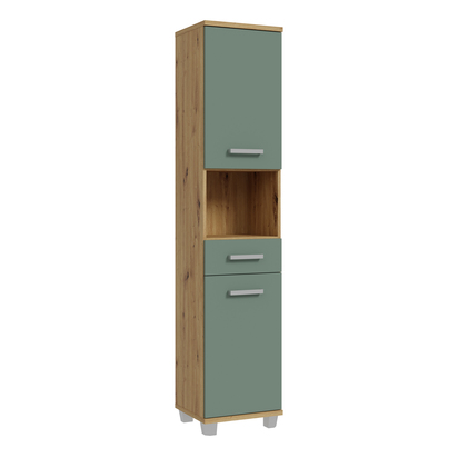 Juno Tall Narrow Bathroom Cupboard with 2 Doors & 1 Drawer in Artisan Oak and Sage Green