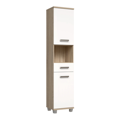 Juno Tall Narrow Bathroom Cupboard with 2 Doors & 1 Drawer in Sonoma Oak and White High Gloss