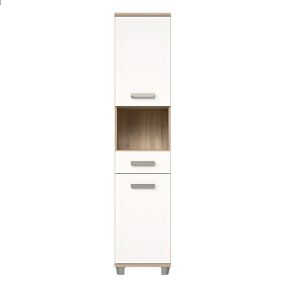 Juno Tall Narrow Bathroom Cupboard with 2 Doors & 1 Drawer in Sonoma Oak and White High Gloss