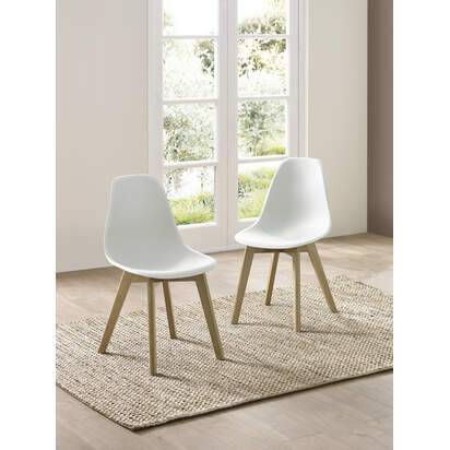 Set of 2 Agatha White Plastic Dining Chairs with Wooden Legs