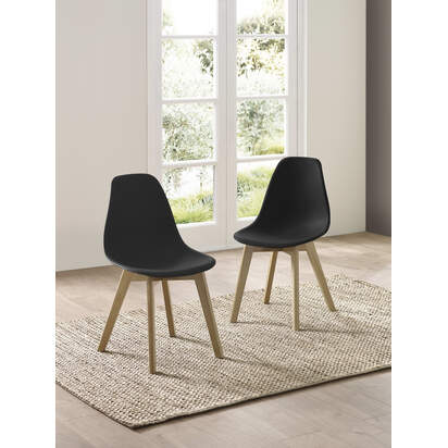 Set of 2 Agatha Black Plastic Dining Chairs with Wooden Legs