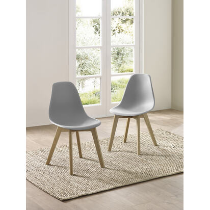Set of 2 Agatha Grey Plastic Dining Chairs with Wooden Legs