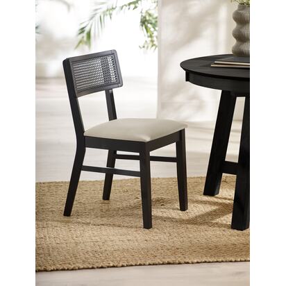 Annika Set of 2 Satin Black Natural Fabric Rattan Back Dining Chairs