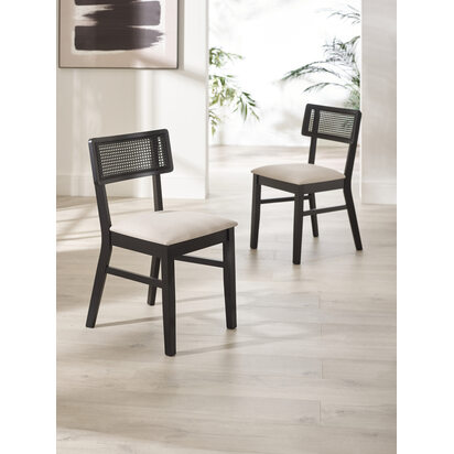Annika Set of 2 Satin Black Natural Fabric Rattan Back Dining Chairs