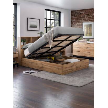 Bali 90cm Single Light Oak Effect Bookcase Shelf Headboard Lift-up Ottoman Storage Bed