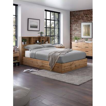 Bali 135cm Double Light Oak Effect Bookcase Shelf Headboard Lift-up Ottoman Storage Bed