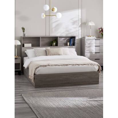 Bali 135cm Double Grey Oak Effect Bookcase Shelf Headboard Lift-up Ottoman Storage Bed