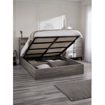 Bali 150cm King Grey Oak Effect Bookcase Shelf Headboard Lift-up Ottoman Storage Bed