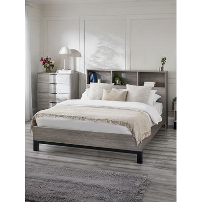 Bali 135cm Double Grey Oak Effect Bookcase Shelf Headboard Bed