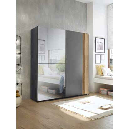 Berno Light Oak and Dark Grey Sliding 2 Door Wardrobe With Mirror
