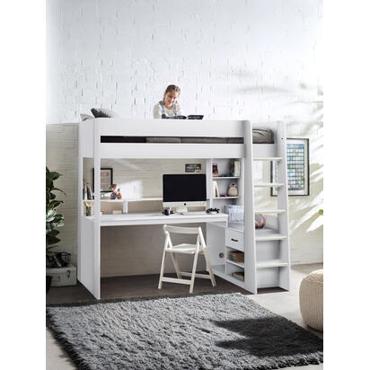 Blaze 90cm Single White Gaming Highsleeper Loft Bed with Desk