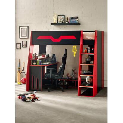Eagle 90cm Single Black and Red Gaming Highsleeper Loft Bed with Desk