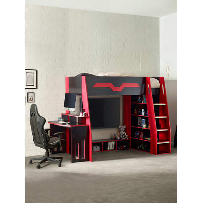 Eagle 90cm Single Black and Red Gaming Highsleeper Loft Bed with Desk