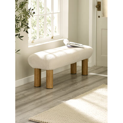 Freya White Boucle Upholstered Low Bench with Solid Wood Legs