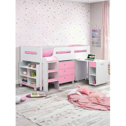 Kimbo 90cm Single Pink and White Midsleeper Cabin Bed with Desk