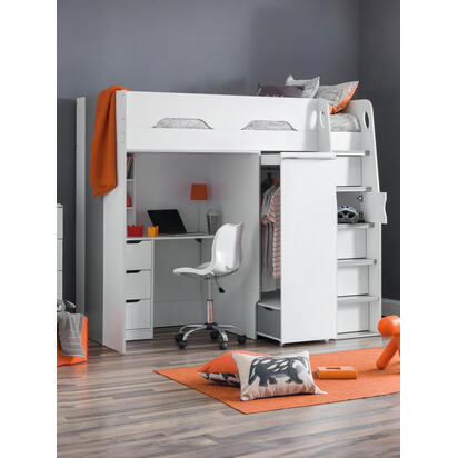 Pegasus 90cm Single White and Silver Highsleeper Loft Bed with Desk