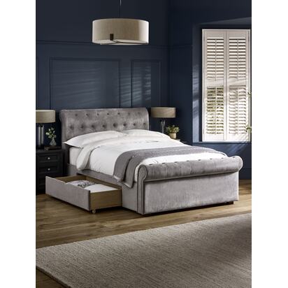 Ravello Grey Chenille Upholstered 135cm Double Bed with 2 Drawers