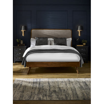 Walden Walnut Effect 135cm Double Bed with Grey Chenille Upholstered Headboard
