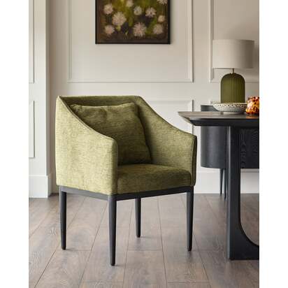 Julep Olive Green Chenille Fabric Dining Chair | Contrast Piping Detailing | Tapered Armrests | Removable Scatter Cushion | Black Wood Frame | Danetti