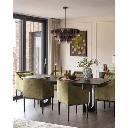 Julep Olive Green Chenille Fabric Dining Chair | Contrast Piping Detailing | Tapered Armrests | Removable Scatter Cushion | Black Wood Frame | Danetti