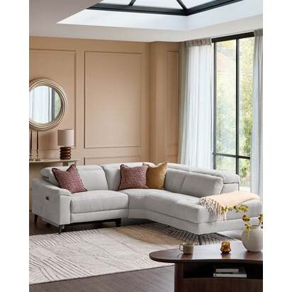 Serene Light Grey Chenille Fabric Right Hand Corner Chaise Recliner Sofa | Electric Recliner Mechanism | Seats 3 | Dark Wood Legs | Danetti