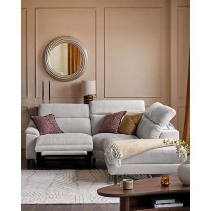 Serene Light Grey Chenille Fabric Right Hand Corner Chaise Recliner Sofa | Electric Recliner Mechanism | Seats 3 | Dark Wood Legs | Danetti