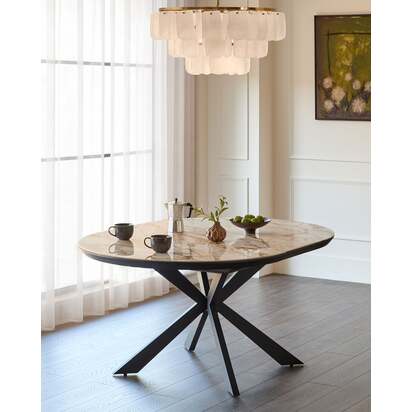 Hayden Natural Ceramic 4-6 Seater Extending Round Dining Table | Black Metal Starburst Base | Butterfly Extension Mechanism | Heat Resistant | Danetti