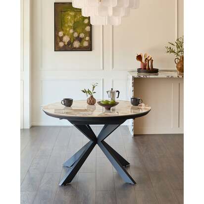 Hayden Natural Ceramic 4-6 Seater Extending Round Dining Table | Black Metal Starburst Base | Butterfly Extension Mechanism | Heat Resistant | Danetti